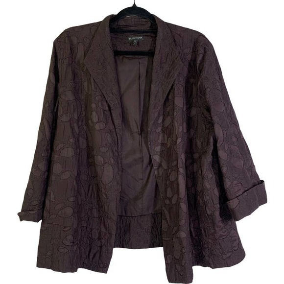 EILEEN‎ FISHER Silk Cutout Textured Open Front Jacket Blazer - XLarge - Picture 1 of 12